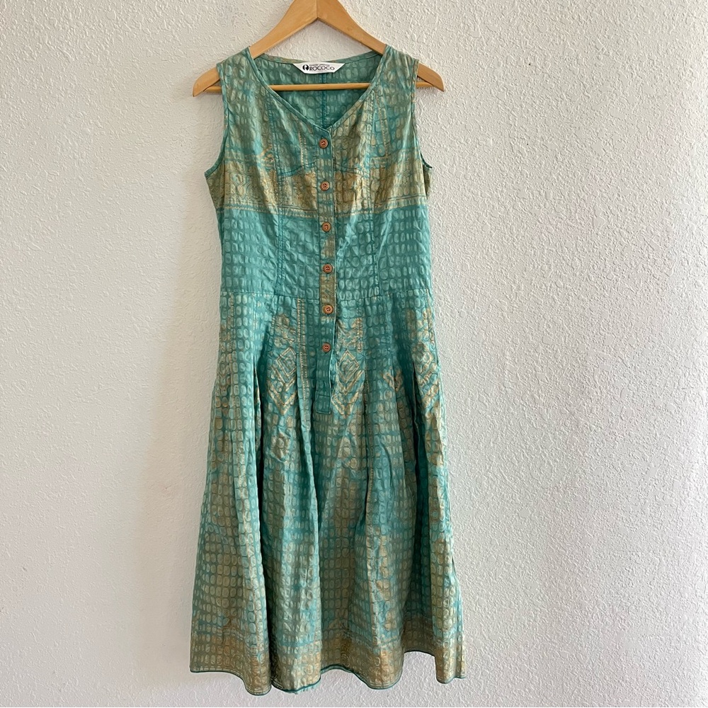 Rococo Turquoise/ Green and Gold Geometric Print MIDI Dress Size S/M